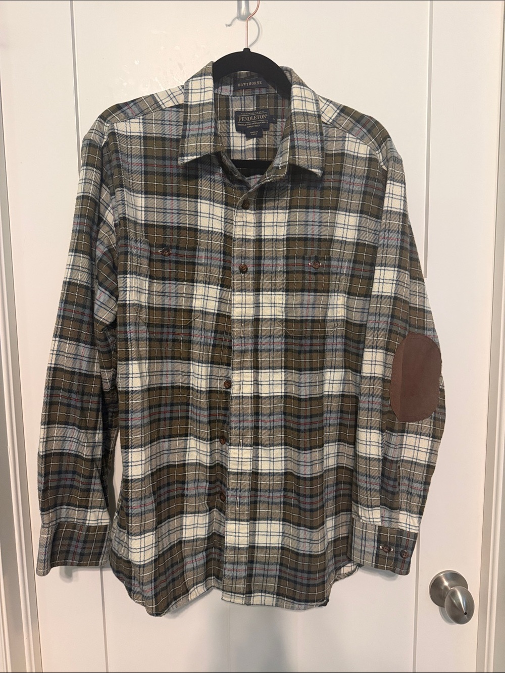 Pendleton Olive, White & Blue Plaid Button-Down Shirt with Brown Elbow Patch